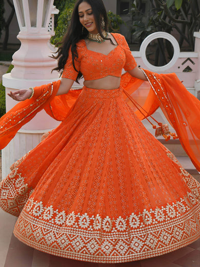 Pretty Orange Sequins Georgette Sangeet Wear Lehenga Choli